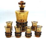 Vintage Mid-Century Bohemia smoked glass crystal carafe with 6 shot glasses