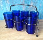 A set of 6 vintage Santa Marina Cobalt Blue Vidro Resistente glasses with rack
